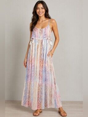 NWT Design Lab Lord & Taylor Women's Pastel Multi Print Tassels Maxi Dress M